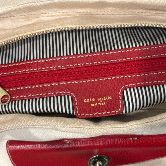 Kate Spade Red Leather & Cream Canvas Kent Stevie Shoulder Bag Satchel Sample - Picture 14 of 16